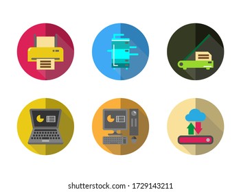 Icon set electronic office machine equipment for remote working,laptop,desktop PC, scanner,printer,External harddisk with cloud,copy machine