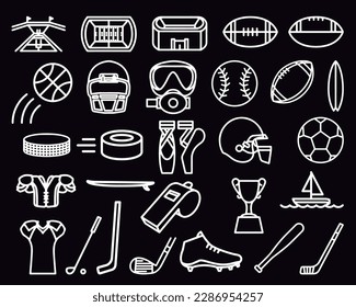 Icon set, elements, sports, ballerina shoe, sports stadium, football stadium, soccer, line art, ball, football, basketball, baseball bat, surfboard, boat, baseball, helmet, diving mask, whistle, puck