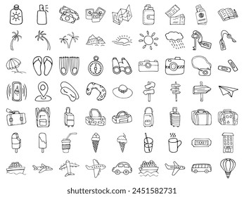 Icon set of elements for summer vacation travel, hand drawn vector doodles in line style. Line contour  in sketch style.