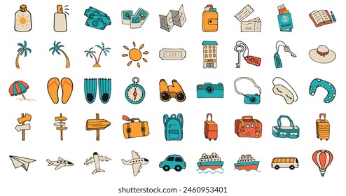 Icon set of elements for summer vacation travel, hand drawn vector doodles in flat style.