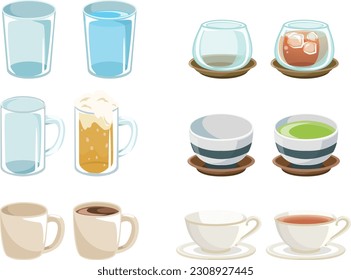 Icon set of empty and filled cups, glasses, and teacups Vector image