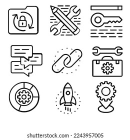 icon set encrypted process icon, pen and wrench, lock, chat bubble, chain, rocket, jagged buoy