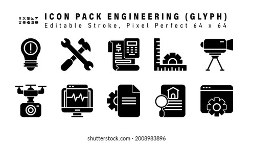 Icon Set of Engineering Icons. Contains such Icons as Surveyor Camera, Drone Camera, Lcd Screen Pulses, Document Setting etc. Editable Stroke. 64 x 64 Pixel Perfect