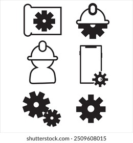 Conjunto de ícones para engenharia. inclui ícones para trabalhadores, manufatura, maquinário, sistemas mecânicos, plantas, engenheiros e ferramentas. excelente variedade de ícones. Trabalho artístico baseado em vetor.