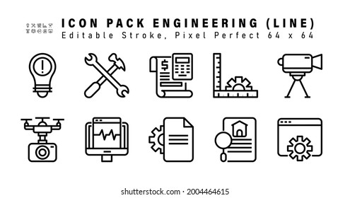 Icon Set of Engineering Line Icons. Contains such Icons as Surveyor Camera, Drone Camera, Display, Document Setting etc. Editable Stroke. 64 x 64 Pixel Perfect