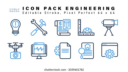 Icon Set of Engineering Two Color Icons. Contains such Icons as Surveyor Camera, Drone Camera, Lcd Screen Pulses, Document Setting etc. Editable Stroke. 64 x 64 Pixel Perfect