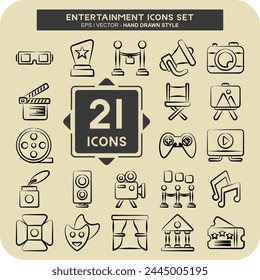 Icon Set Entertainment. related to Hobby symbol. hand drawn style. simple design illustration