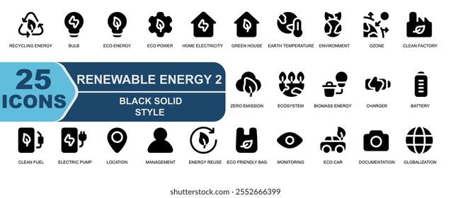 Conjunto de iconos respetuoso del medio ambiente. estilo negro sólido. contiene energía de reciclaje, bombilla, electricidad, energía ecológica, energía ecológica, máquina, electricidad doméstica, casa verde, temperatura de la tierra.