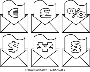 An icon set with an envolope having a financial and legal document partially outside - Vector