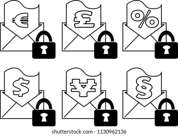 An icon set with an envolope having a financial and legal document partially outside. A lock is on the envelope to tell that document is secret - Vector