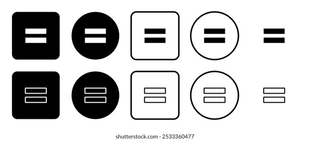 Icon set of equals symbol. Filled, outline, black and white icons set, flat style.  Vector illustration on white background