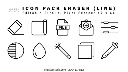 Icon Set of Eraser Line Icons. Contains such Icons as Controls, Contrast, Water Drop, Magic Wand etc. Editable Stroke. 64 x 64 Pixel Perfect