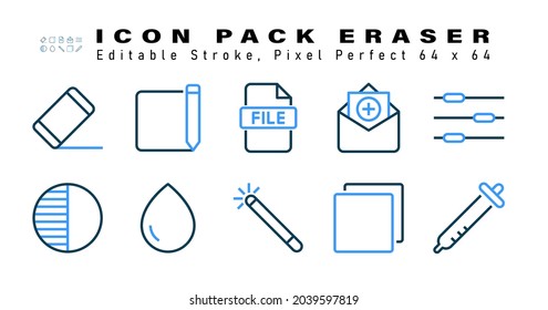 Icon Set of Eraser Two Color Icons. Contains such Icons as Controls,  Contrast, Water Drop, Magic Wand etc. Editable Stroke. 64 x 64 Pixel Perfect