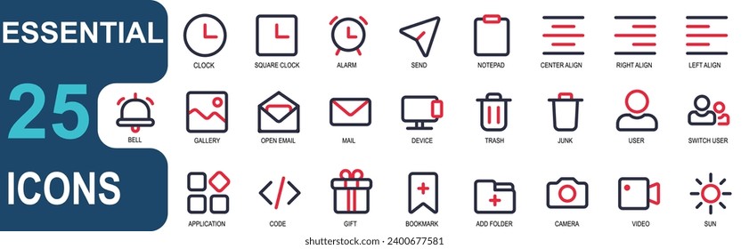 icon set essentials. 2 color outline. contains send, note pad, paragraph line, bell, gallery, bookmark, folder, camera, video, sun, light. suitable for website UI
