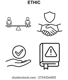 icon set with ethic equality, ethic trust, ethic approval and ethic warning book in black and white vector