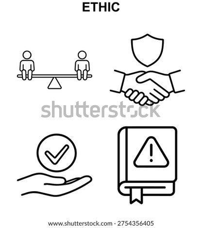 icon set with ethic equality, ethic trust, ethic approval and ethic warning book in black and white vector