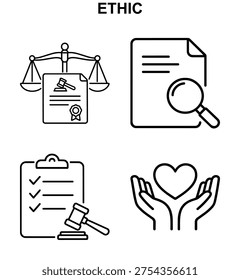  icon set with ethic law document, ethic review, ethic checklist and ethic care in black and white vector