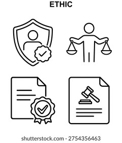 icon set with ethic protection, ethic balance, ethic certificate and ethic legal document in black and white vector