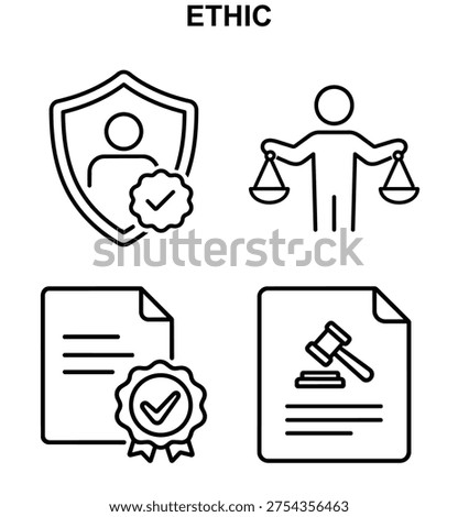 icon set with ethic protection, ethic balance, ethic certificate and ethic legal document in black and white vector