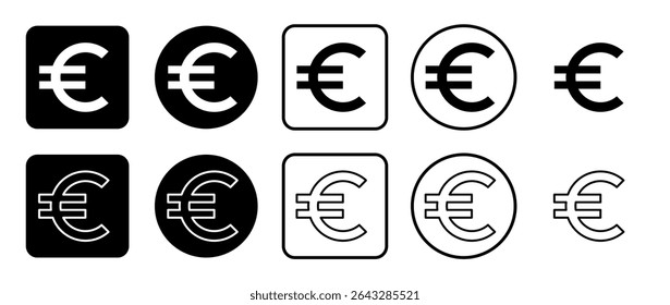 Icon set of euro symbol. Filled, outline, black and white icons set, flat style.  Vector illustration on white background