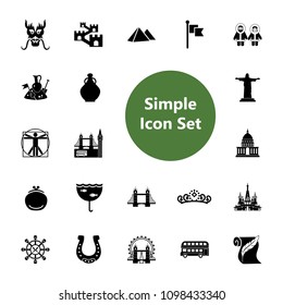 Icon set of European and Asian culture symbols. Traditional culture, famous places, national symbols. Culture concept. For topics like travel, tourism, geography