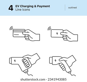 Icon Set of EV Payment and Charger Plug Outlined Vector Line Icons. Set contains Icons of a Hand Holding Payment Card, Chip Card, Charging Plugs. Vector Illustration.  