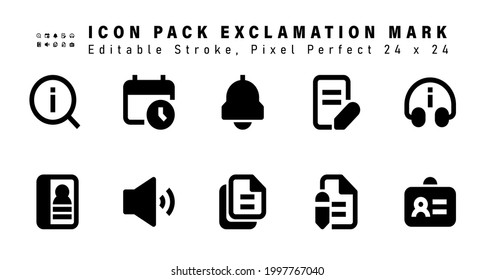 Icon Set of Exclamation Mark Glyph Icons. Contains such Icons as Costumer Service, Phone Book, Bullhorn, File etc. Editable Stroke. 24 x 24 Pixel Perfect
