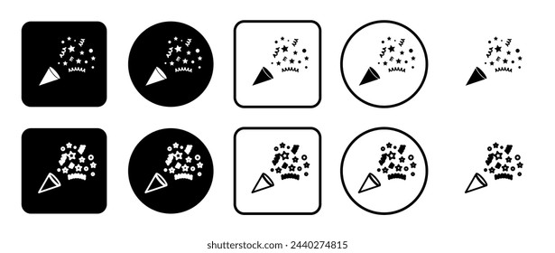 Icon set of exploding party popper. Filled, outline, black and white icons set, flat style.  Vector illustration on white background