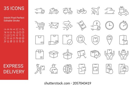 Icon set of express delivery. Editable vector stroke. Pixel perfect.