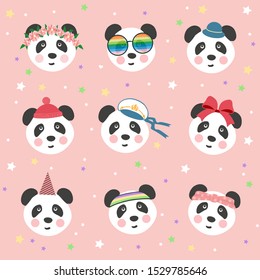 Icon set with face of a cute Panda, vector illustration