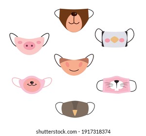 icon set face masks with animals designs over white background, colorful design, vector illustration