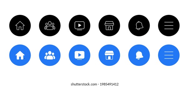 Icon Set In Facebook. Home, Group, Watch, Marketplace, Notification, And Menu