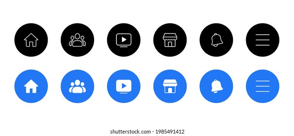 Conjunto de iconos en medios sociales. Inicio, grupo, inspección, mercado, notificación y menú