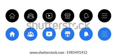 Icon Set in Facebook. Home, Group, Watch, Marketplace, Notification, and Menu