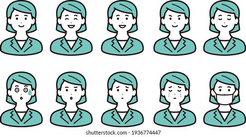 An icon set of facial expression variations for business women.