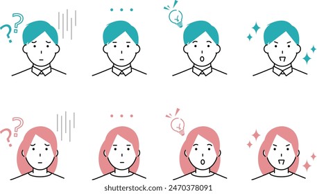 Icon set of facial expressions of man and woman solving problem from doubt