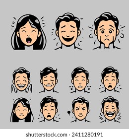 Icon set of facial expressions, vector icon set of faces with various types of expressions