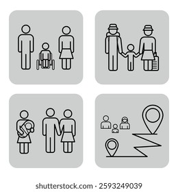Icon set of family dynamics, individuals with children, couples, and icons indicating location