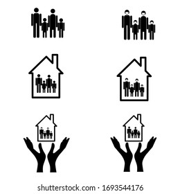 Icon set family of masks, people in the house, hands cherish. Vector flat design. Concept: self-isolation, family, people, spouses, children, medical mask, prevention, stay at home.