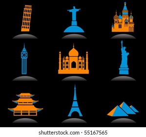 Icon Set With Famous International Historical Landmark Monuments, Black Background