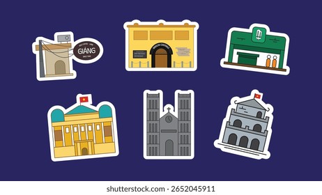 Icon set of Hanoi’s famous landmarks: Giang Café, Maison Centrale, Trang Tien Ice Cream, St. Joseph’s Cathedral, Turtle Tower, Ba Dinh Square and Ho Chi Minh Mausoleum in flat vector style.