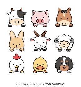 Icon set farm animals bunlde collection illustration head shot cute kawaii face doodle cartoon illustration japanese style kiddy cow, pig, horse, rabbit, chicken, goat, sheep, dog, duck, livestock