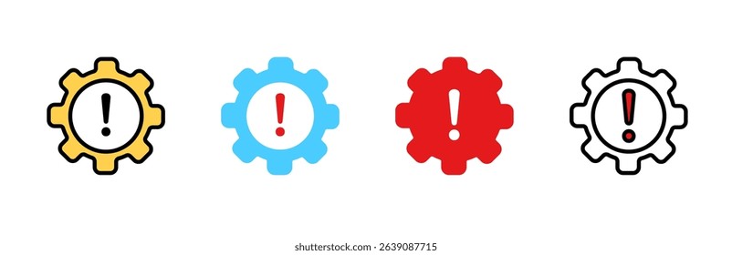 Icon set features colorful gear symbols with an exclamation mark, representing alert and caution.