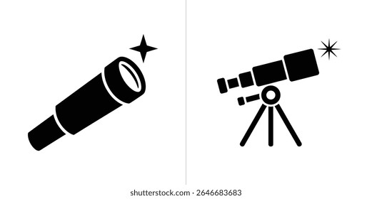 O conjunto de ícones apresenta um telescópio simples e um telescópio em um tripé, ambos pretos com uma estrela indicando visualização de longa distância. Formato vetorial, ideal para astronomia.