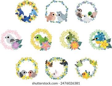 The icon set featuring colorful and adorable birds within vibrant wreaths. 