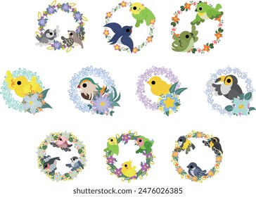 The icon set featuring colorful and adorable birds within vibrant wreaths. 