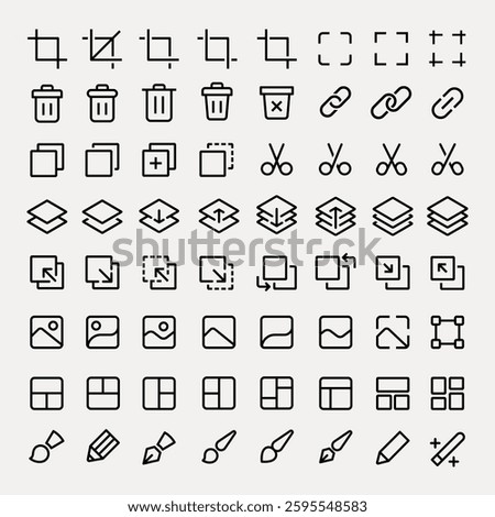 Icon set featuring editing tools: crop, delete, link, layers, scissors. Editing icons include crop, delete, scissors, link. Simple editing icons for design. User interface icons, UI icon vector set.