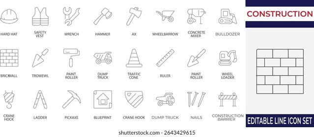 Icon set featuring essential construction equipment like cranes, hard hats, mixers, and tools. Perfect for building industry apps, project plans, and engineering visuals.