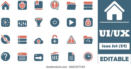 Icon set featuring essential UI,UX elements like home, settings, cloud, and warning icons. Perfect for mobile apps, websites, and digital projects. Scalable vector format available.
