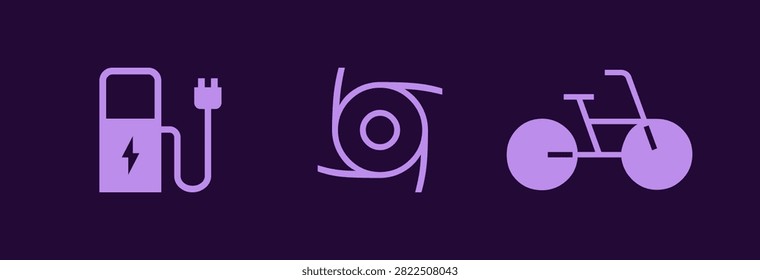 Icon set featuring ev power charging station symbol circular cyclone storm vortex sign and bicycle bike transport element isolated on dark purple backdrop ideal for environment and mobility mobile apps.
